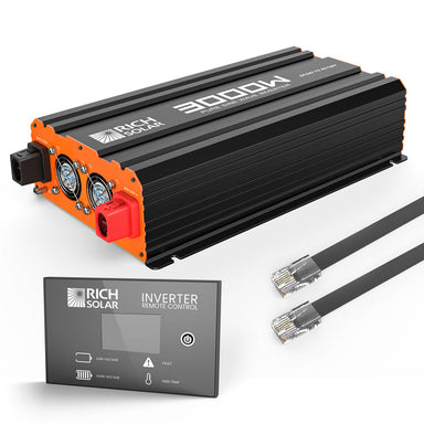 Rich Solar 3000W Pure Sine Wave Inverter 24 VDC front with remote control and wiring