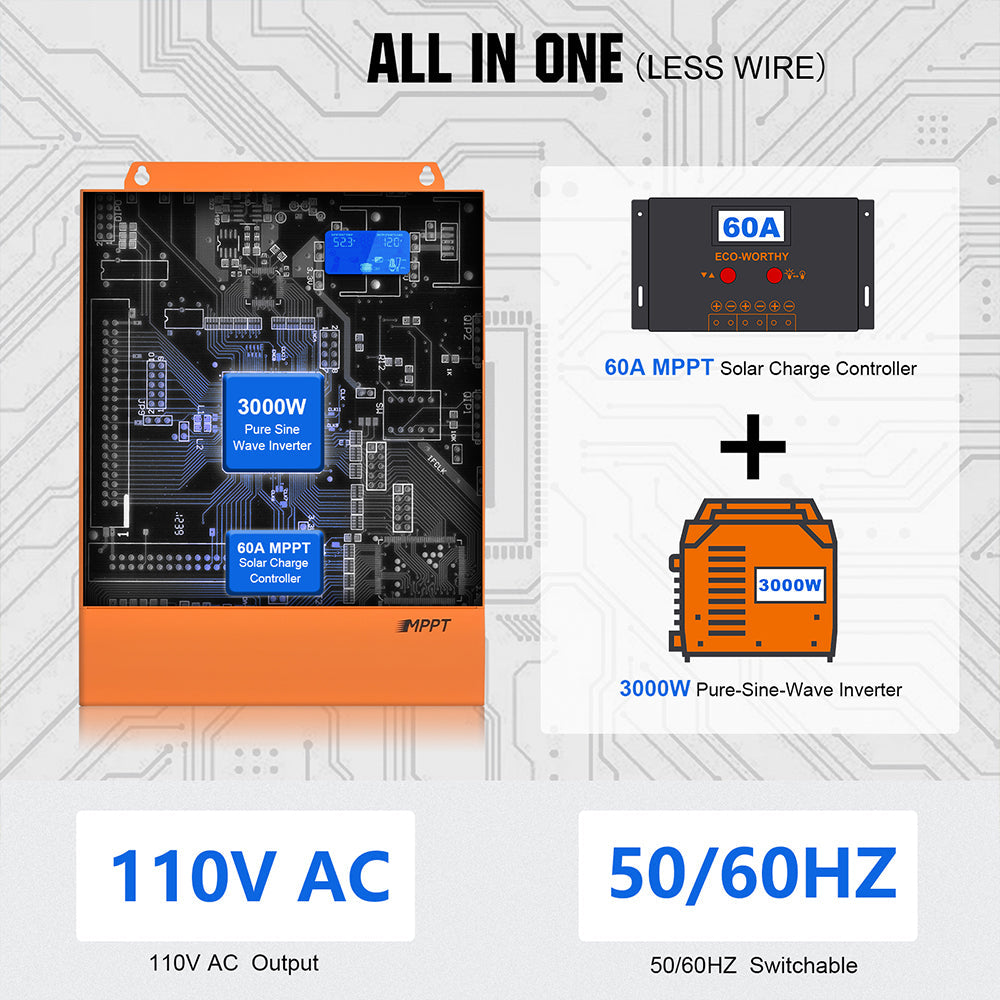 ECO-WORTHY All-in-one Inverter Built in 3000W 24V Pure Sine Wave