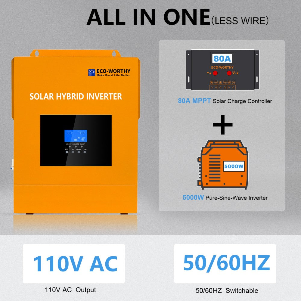 ECO-WORTHY 5000W Solar Hybrid Inverter with Remote Monitoring, 48VDC-120VAC  Pure-sine-Wave Inverter & 80A MPPT Solar Controller Suitable for 48V Lead