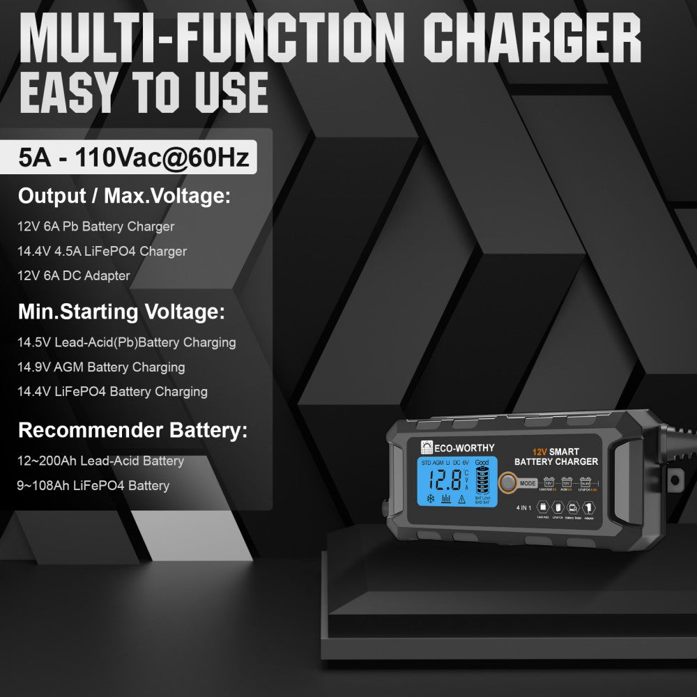 ECO-WORTHY 5A & 10A 12V Smart Battery Charger with LCD Display for Lithium (LiFePO4) Batteries